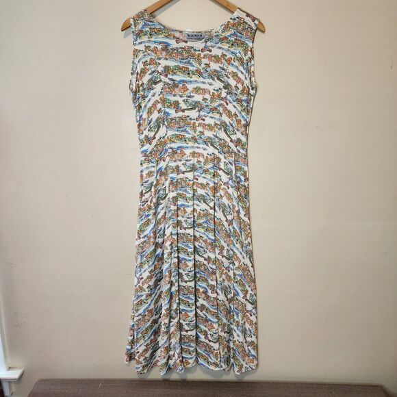 Vintage Karina Dress Italian Venice Scenic Print Vacation Boho Womens Large - Picture 2 of 16